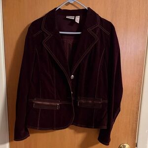 Chico's Deep Burgundy Velvet Blazer with Contrast Stitching